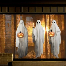 3Pcs Halloween Window Clings Extra Large White Ghosts with Pumpkin Lantern Decor