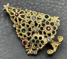 Vintage Gold Tone Christmas Tree Brooch Pin R...