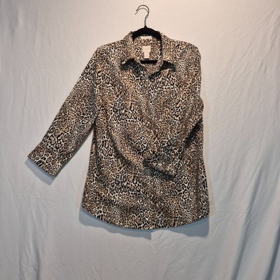 Chicos Shirt Leopard Print No Iron 1 (Med) Mob Wife Versatile Classic Wild Chic