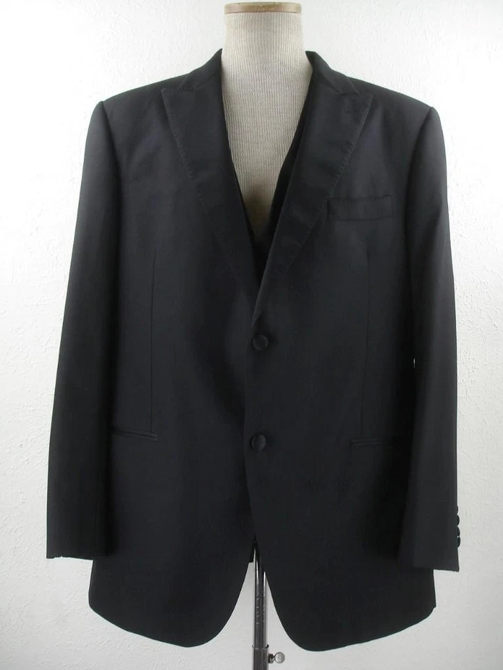 Men's 44R J. Hilburn 3-Pc Tuxedo Suit Black Vest Jacket Pants 38 X 31 Wool Satin - Image 2 of 4