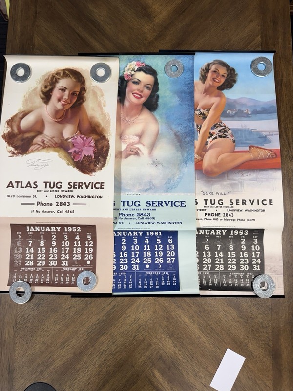 Lot of 3 Zoe Mozert Atlas Tug Service Calendars 1951 1952 1953 Original