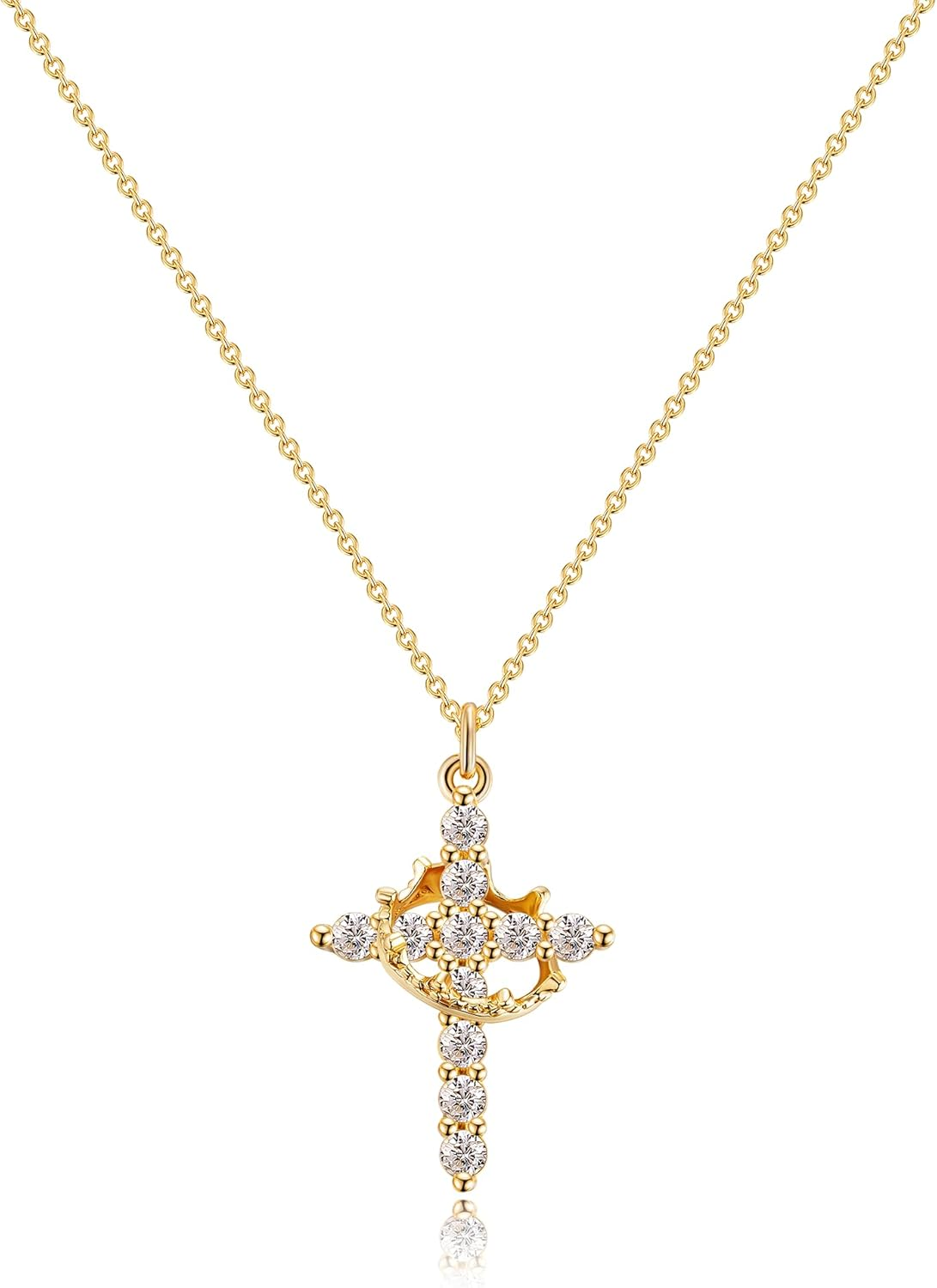 Christian Gift Cross Necklace for Women, Dainty 14K Gold or Silver Plated Pendan