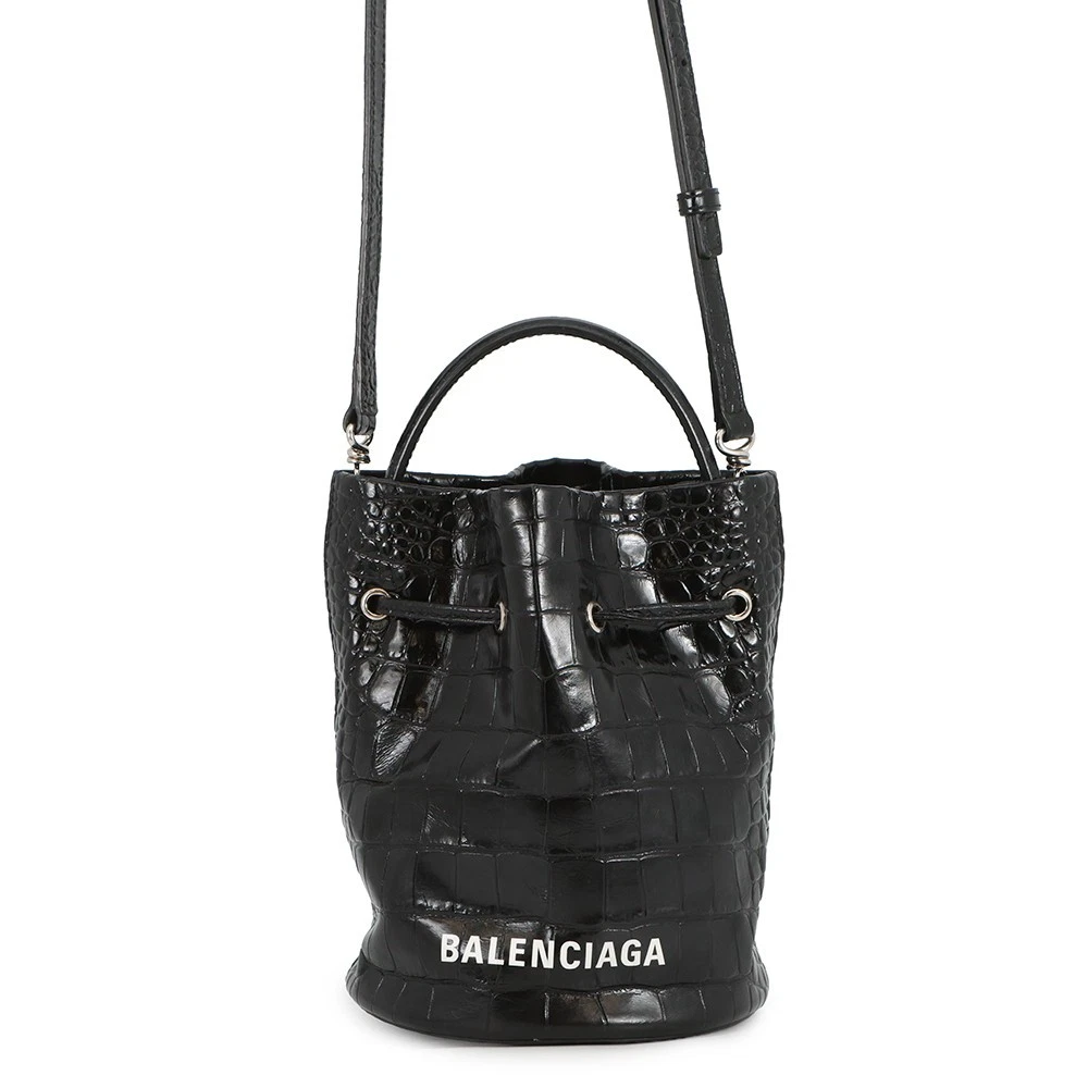 Balenciaga — BALENCIAGA Drawstring 2-Way Bucket Bag Size XS Croco embossed Black 638342