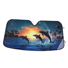 Windshield Sunshade for Front Window, Blue Lisht Sea Moon Dolphins Folding