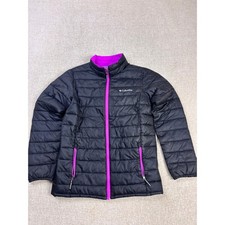 Columbia Girl Black Puffer Jacket Purple Trim Quilted Full Zip Coat Size L 14/16