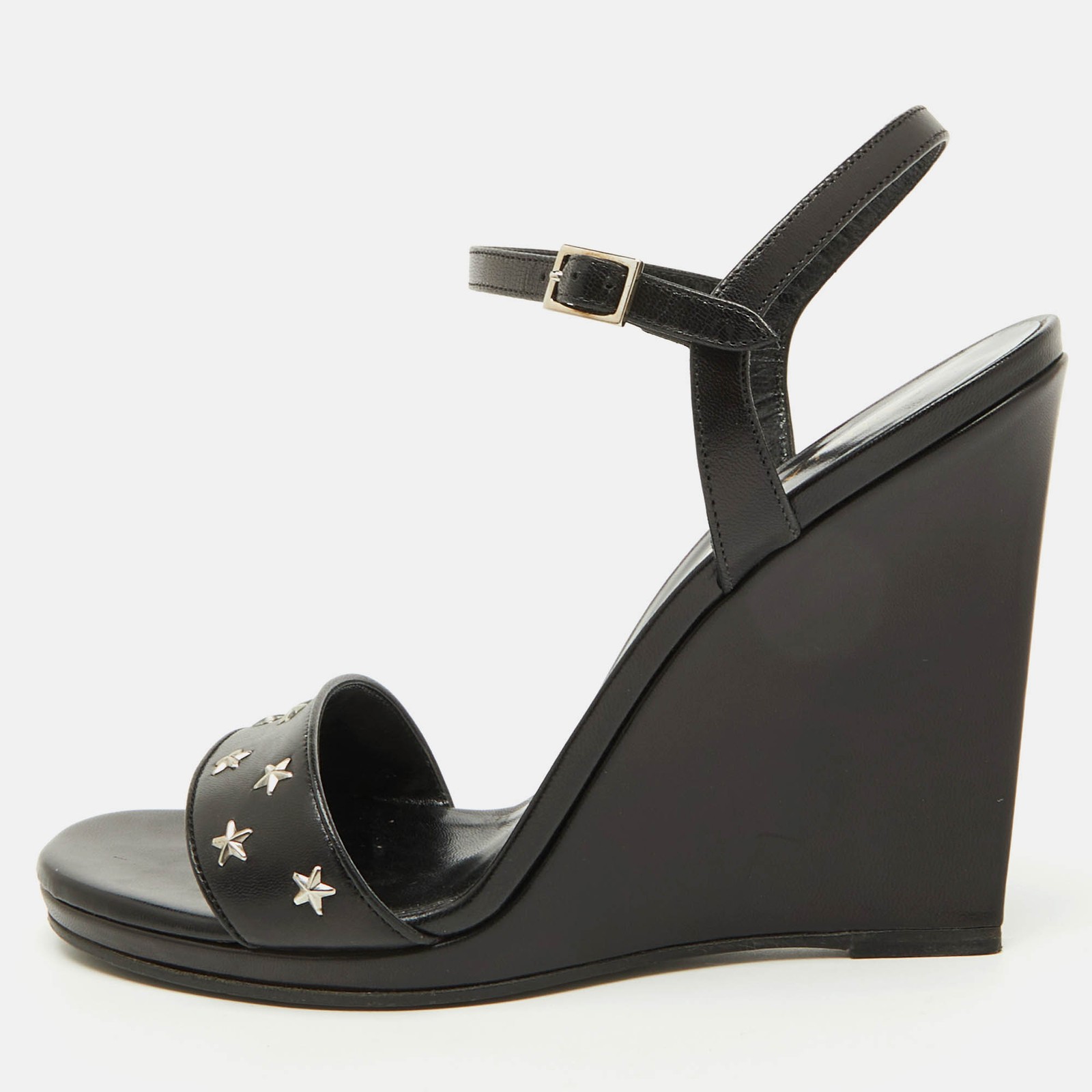Saint Laurent Black Leather Star Ankle Strap Wedge Sandals Size 39.5