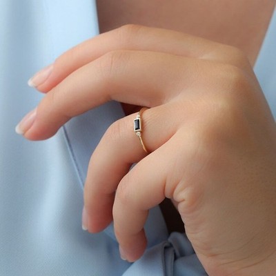 Natural Blue Sapphire and Diamonds Minimalist Women Ring 10k Solid Gold Ring