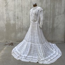 Antique Edwardian White Checker Cotton Gown Lace Trim Full Sleeves Maxi Vintage