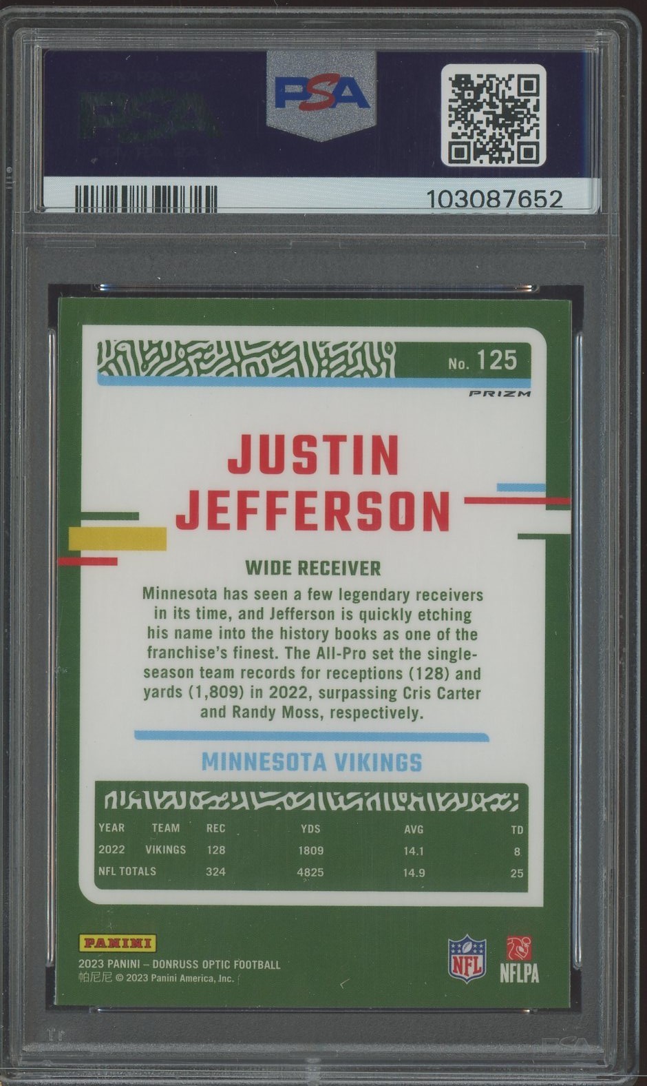 2023 Donruss Optic Rocket Prizm #125 Justin Jefferson Vikings PSA 10 GEM MINT view 2