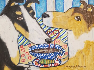 Smooth Collie drinking Coffee Art Print 4 x 6 by Artist KSams Vintage Style Dog