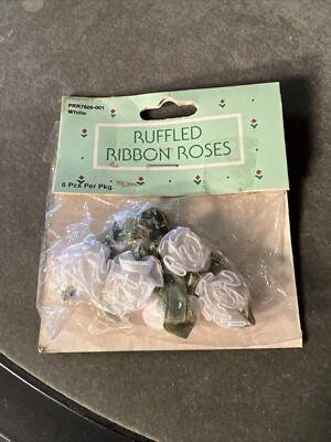 Six white ruffled Ribbon Roses Wang's in original package