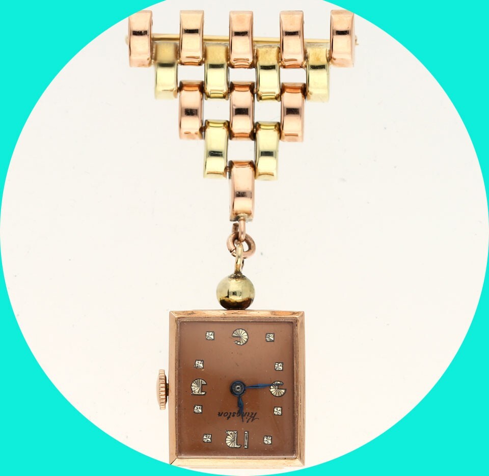 Antique Deco Kingston Lapel Watch Fob Pin Brooch 14K Rose  display picture 2