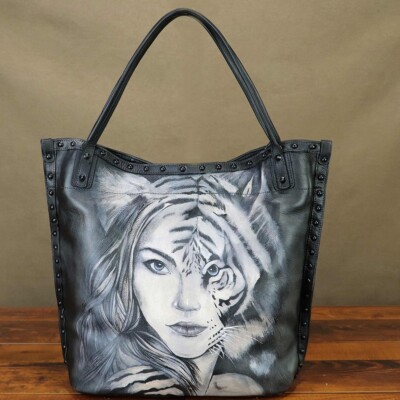 Hand Painted Genuine Leather Tote Bags for Women Vintage