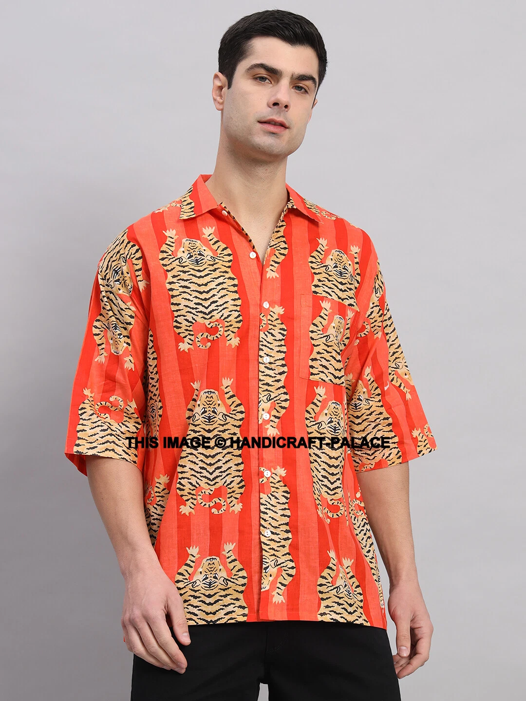 Oversize Shirt Mens Beach Casual Button Down Short Sleeve Tiger Shirts For Men