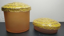 Vintage Mike and Ally Soap/Vanity Jar Set--Green Vine Enamel/Brown Frosted Glass