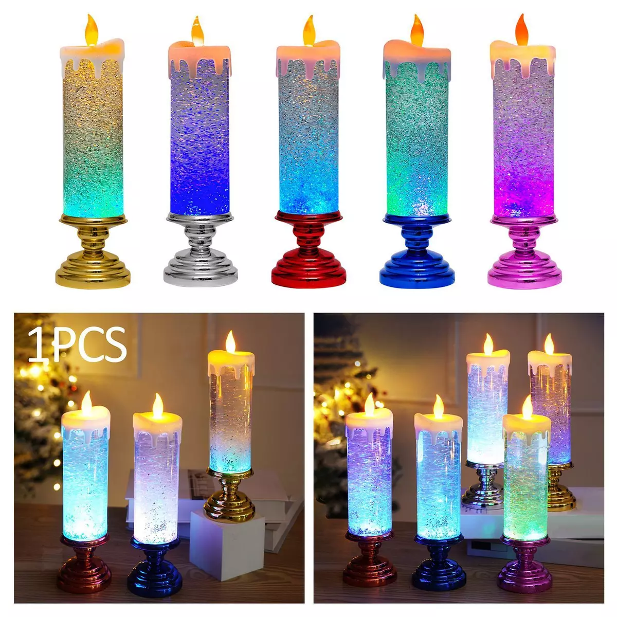 LED Christmas Candle Electronic Glitter Candle USB with Pedestal Decorative