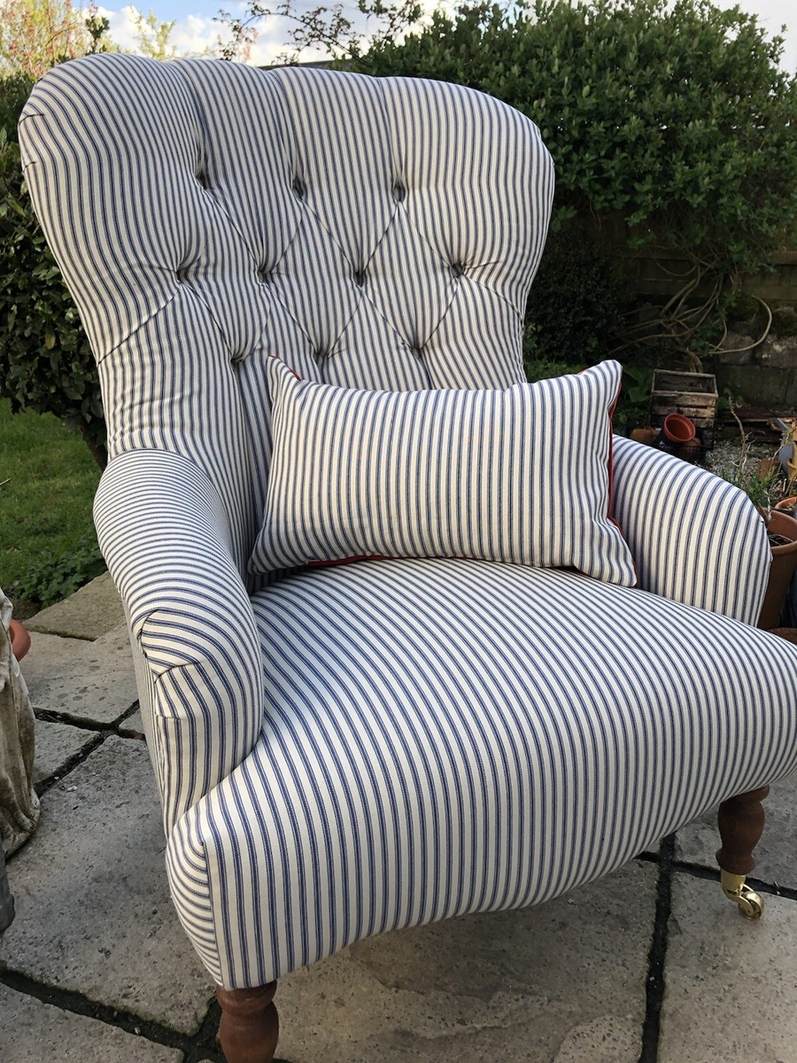 Stunning Chair Button Back In Navy Stripe Canvas Ticking
