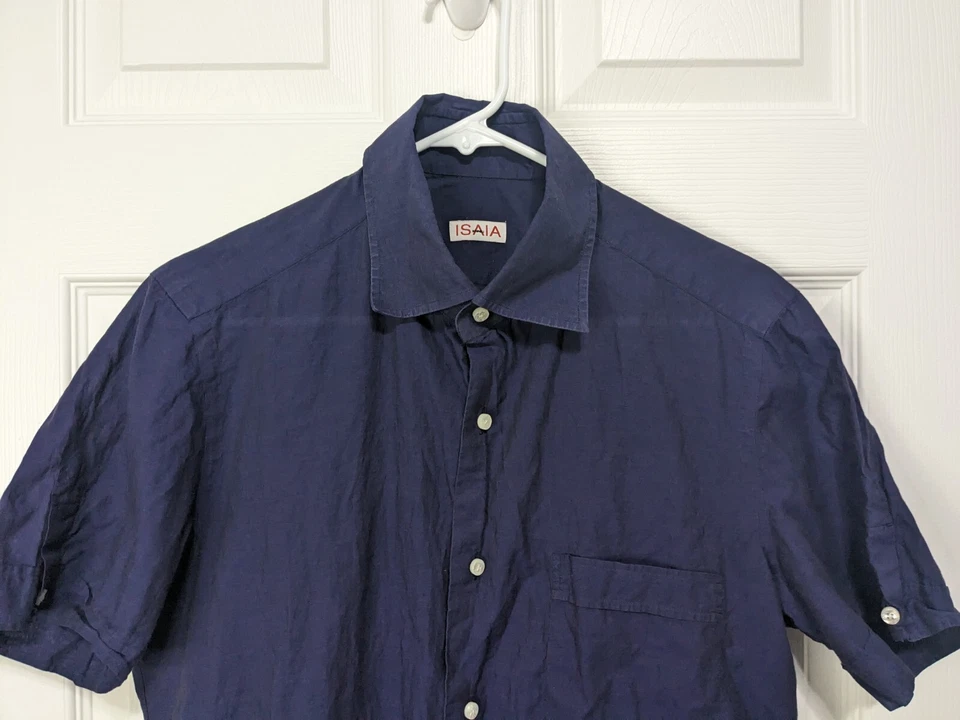 Camisa informal Isaia Napoli para hombre 15,5 azul con botones manga corta Foto 2 de 4