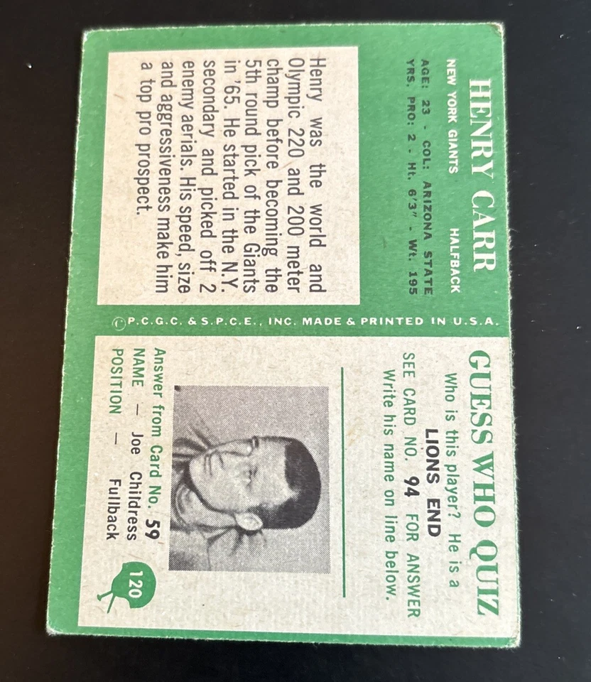 1966 Philadelphia Gum Football # 120 Henry Carr New York Giants - Image 2 of 2