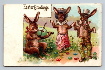 C. 1910 Funny Anthropomorphic Rabbits Playing Stringed Instrument Dancing Easter