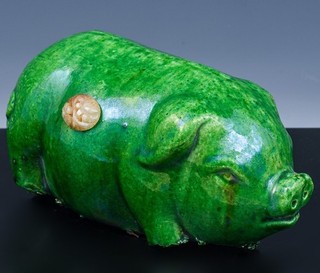 INTERESTING ANTIQUE HAN DYNASTY GREEN GLAZED POTTERY PIG FIGURE w JADE CARVING