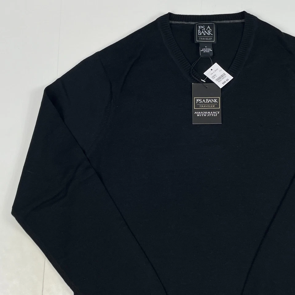 Jos A Bank Sweater Mens Small Black Pima Cotton V Neck Pullover Golfer Golfing - Image 2 of 4
