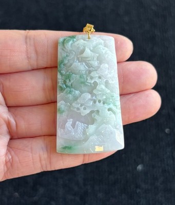 Floating Green Landscape Jadeite Jade Pendant 18K Gold Buckle, Zen/Enlightenment
