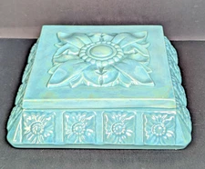 Vintage Mid Mod 60s Pearlized Ornate Ceramic Blue Square Trinket Box 6"