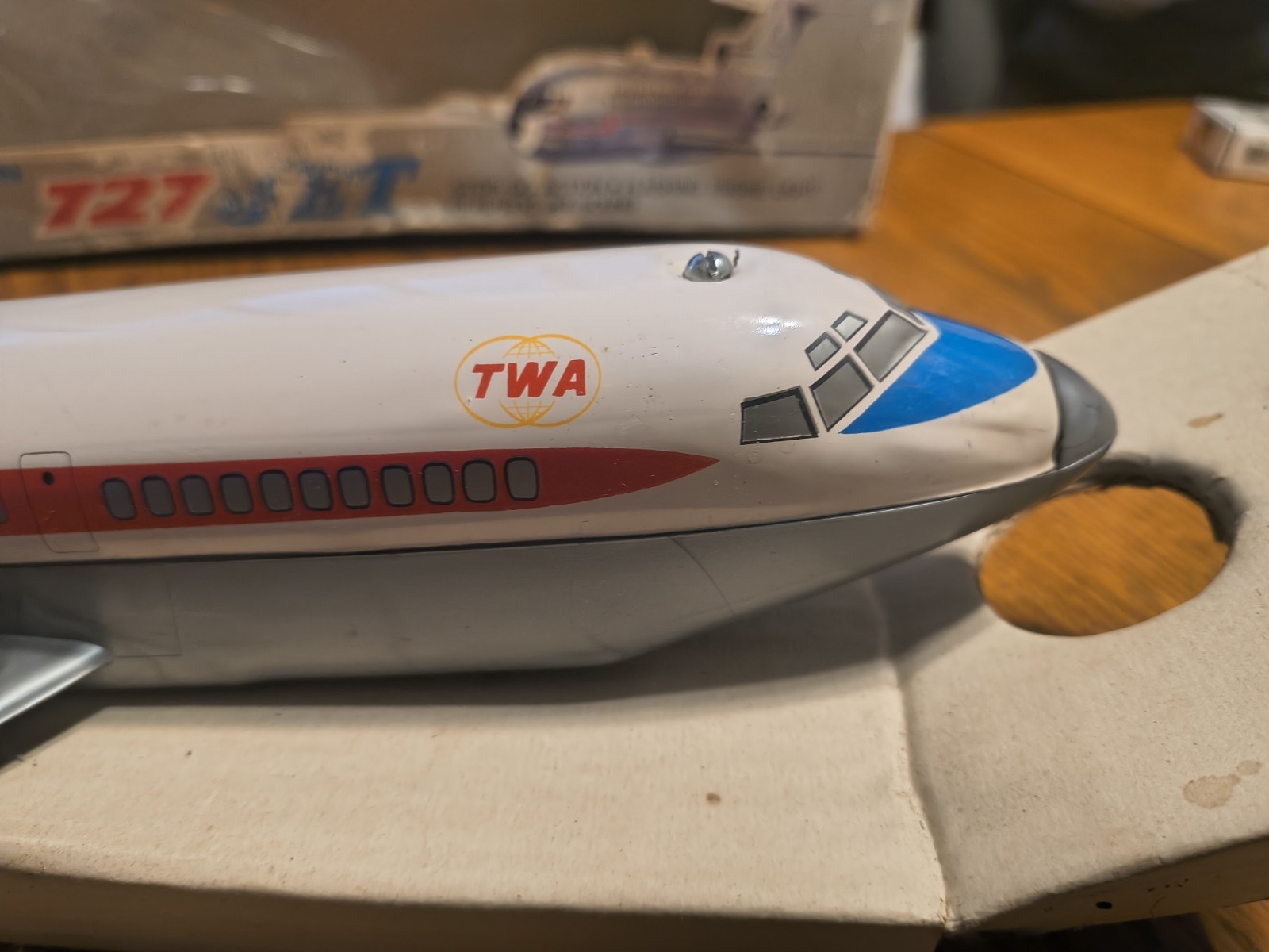 Cragstan 727 Jet TWA Battery Powered Airplane w/ Box 1960s Tin Toy Stop Go...