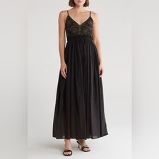 Raga Naira Maxi Dress Size Small Black Open Back Gold Embroidery Boho Festive