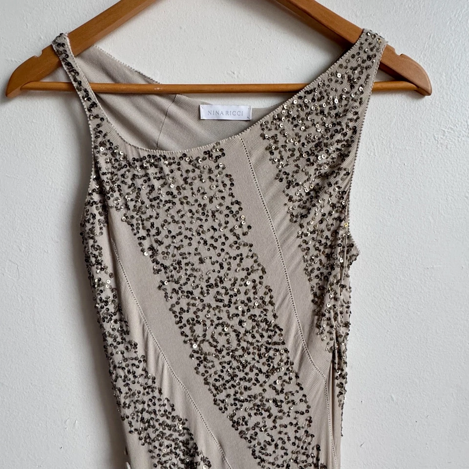 NINA RICCI Asymmetrical Cut-on-the-Bias Silk-Cotton Sequin Maxi Dress - Fits 2-4 - Image 4 of 4