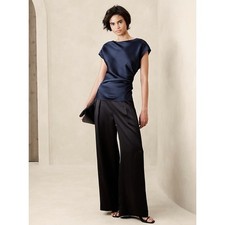 BANANA REPUBLIC Side Shirred Satin Blouse Preppy Navy Blue Sz 6 NWT WW21