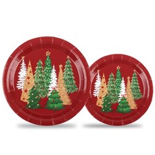 48 Pcs Christmas Tree Paper Plates Red Pine Trees Disposable Party Plate Xmas...