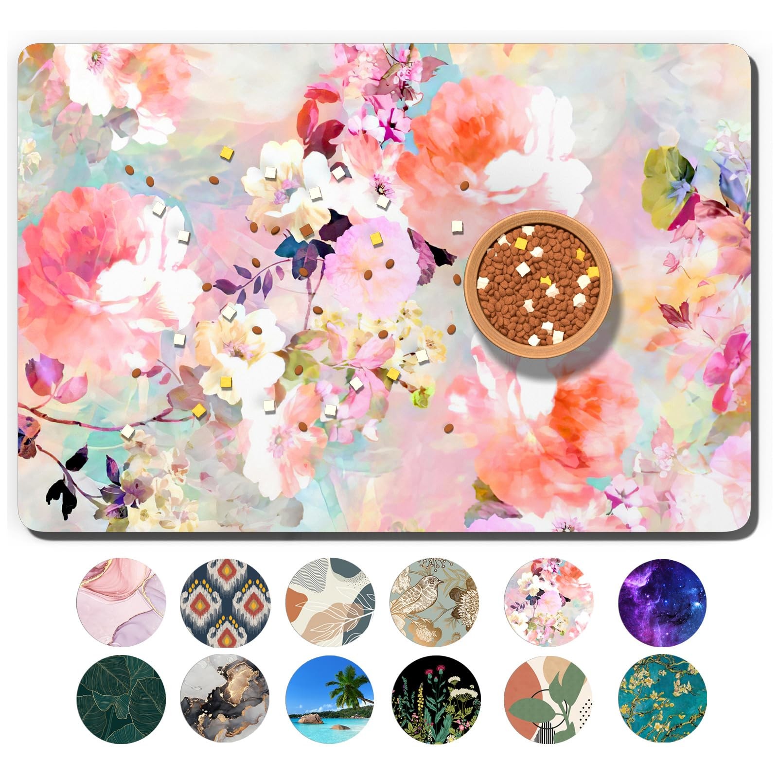 Mat 16x24 Inch Flower Absorbent Non-slip Rubber Feeding Rug Pink