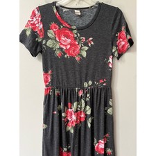Womens Medium Charcoal Gray Red Rose Floral Maxi Dress Short Sleeve Cottagecore