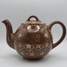 Vintage Hall China Brown Floral Gold Label 8 Cup Mid Century Teapot USA