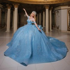 Shiny Ball Gown Dress Brides Ruffles Off Shoulder Birthday Party Dress Vestidos