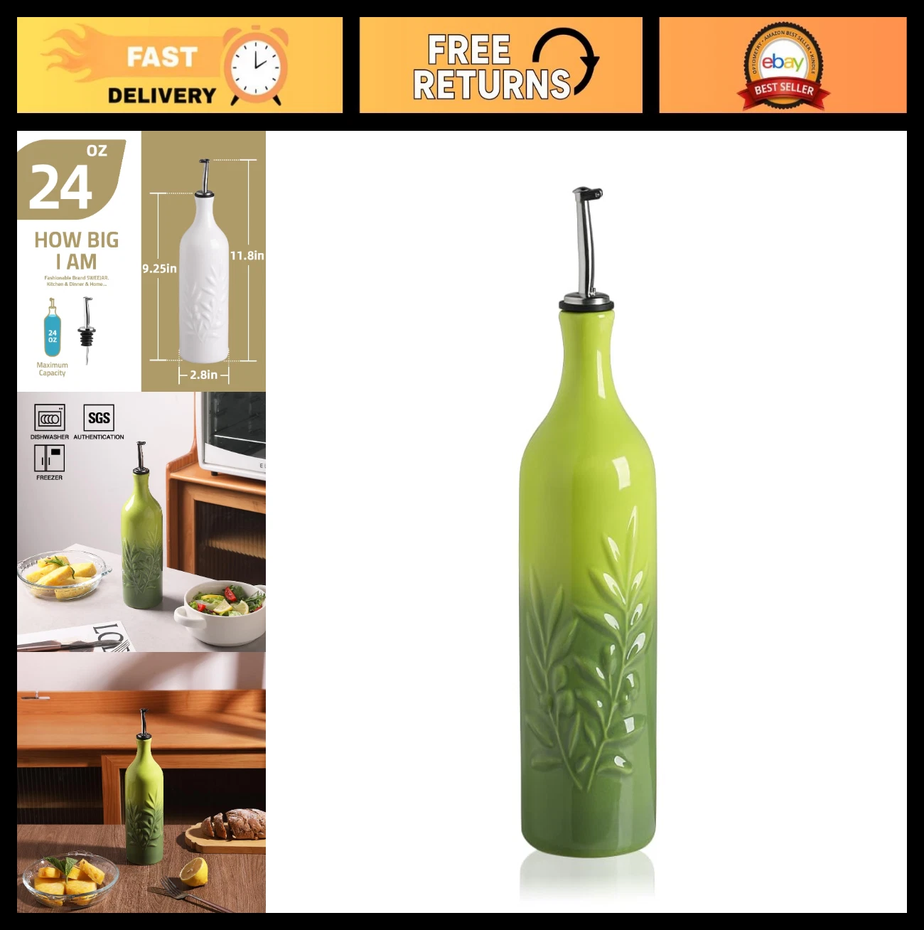 Large Ceramic Olive Oil Dispenser Bottle 24 Oz - Opaque Cruet for Oil, Vinegar,