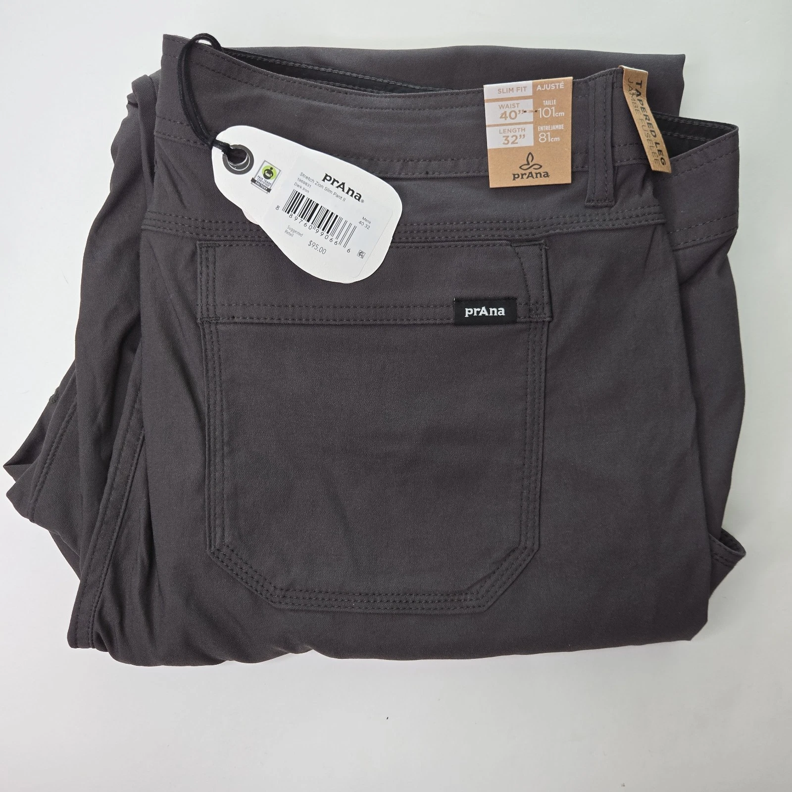Prana Stretch Zion Slim Pant II Mens 40x32 Dark Iron Hiking Nylon