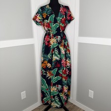 Shein Wrap Dress Women Small Black Tropical Floral Palm Leaf Short Sleeve Slit