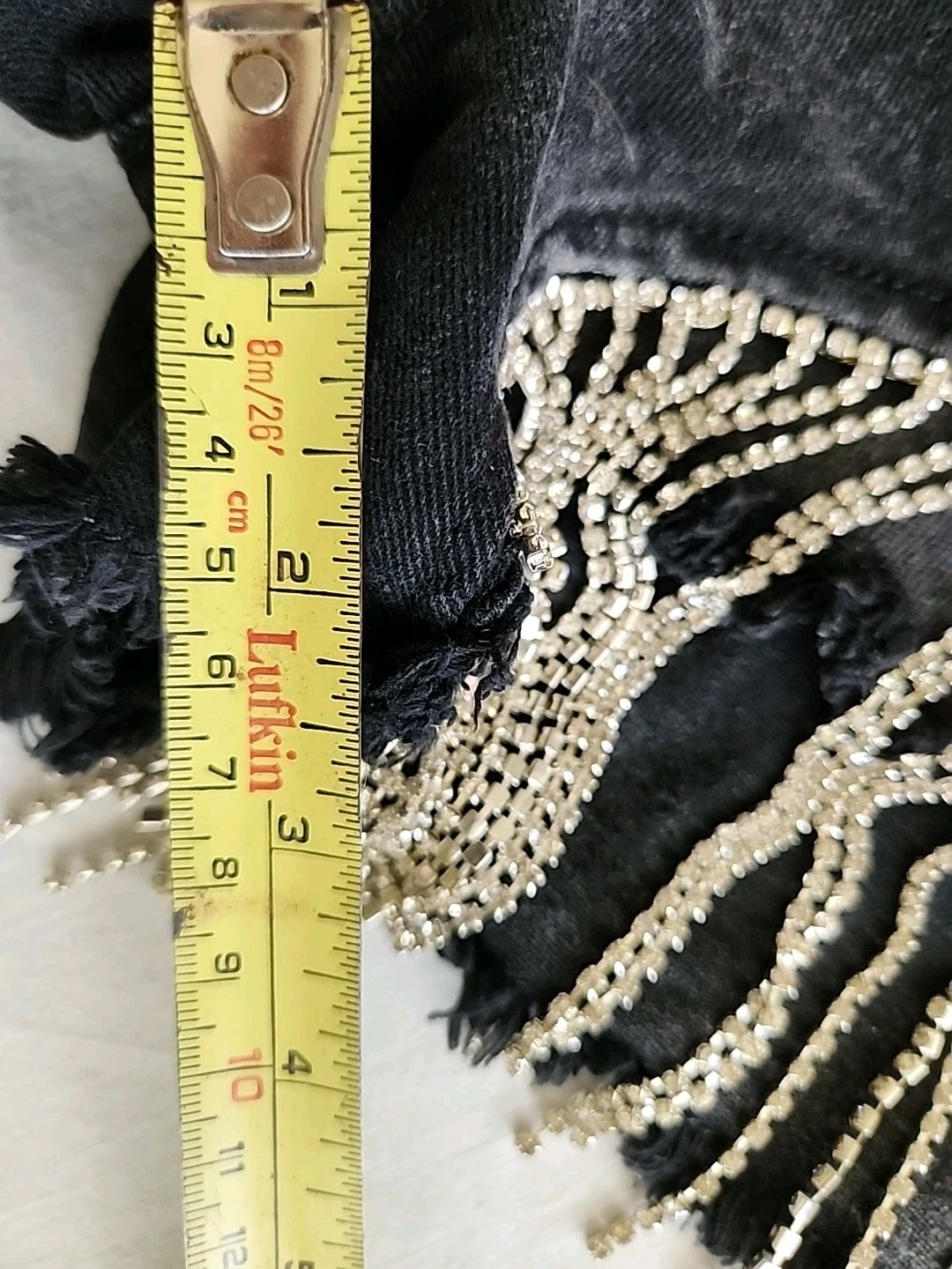 Distressed Black Denim Bombshell Cut-off Shorts w/ Rhinestone Fringe Blue B MED