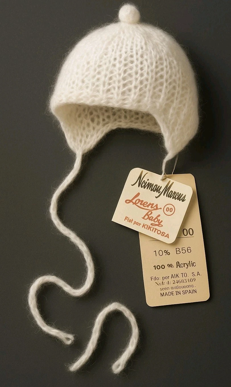 Vtg Lorens Baby Bonnet Hat Knit Fuzzy Spain White Toboggan Neiman Marcus 0-3 Mos