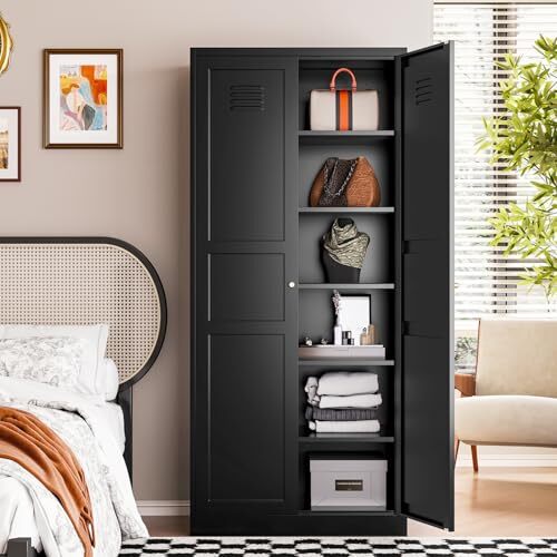 Black Storage with Adjustable ShelvesMetal Home Kitchen Pantry