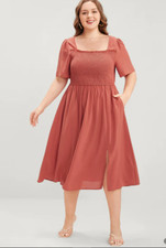 NWT Bloomchic Plain Square Neck Shirred Pocket Split Hem Dress Size 18-20