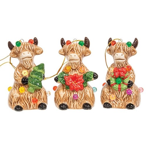 CWI Christmas Decor - Ceramic Lighted Highland Cow Figurines 3pc Set - 第 1/9 張圖片