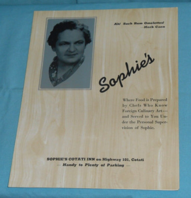 vintage SOPHIE'S COTATI INN restaurant MENU Highway 101 Cotati California