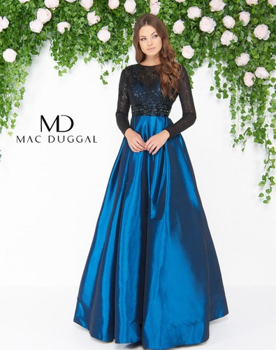 MAC DUGGAL 62883D Teal Black Beaded Sequin Taffeta Maxi Dress Ball-Gown 14 🖤💙 - Picture 2 of 12