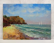 Beach seascape Original painting IMPRESSIONISM Oil on panel by A Onipchenko