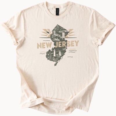 New Jersey Map Graphic T Shirt State Landmarks Art Tee Bridge Lighthouse