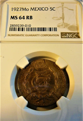 MEXICO 1927 5 CENTAVOS COIN NGC MS64 Red Brown 